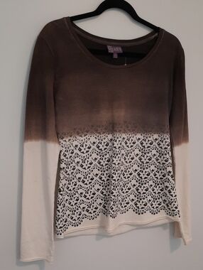 Heart Brown/Gray/Cream Ombre Lace-Print Long Sleeve Tee Size L